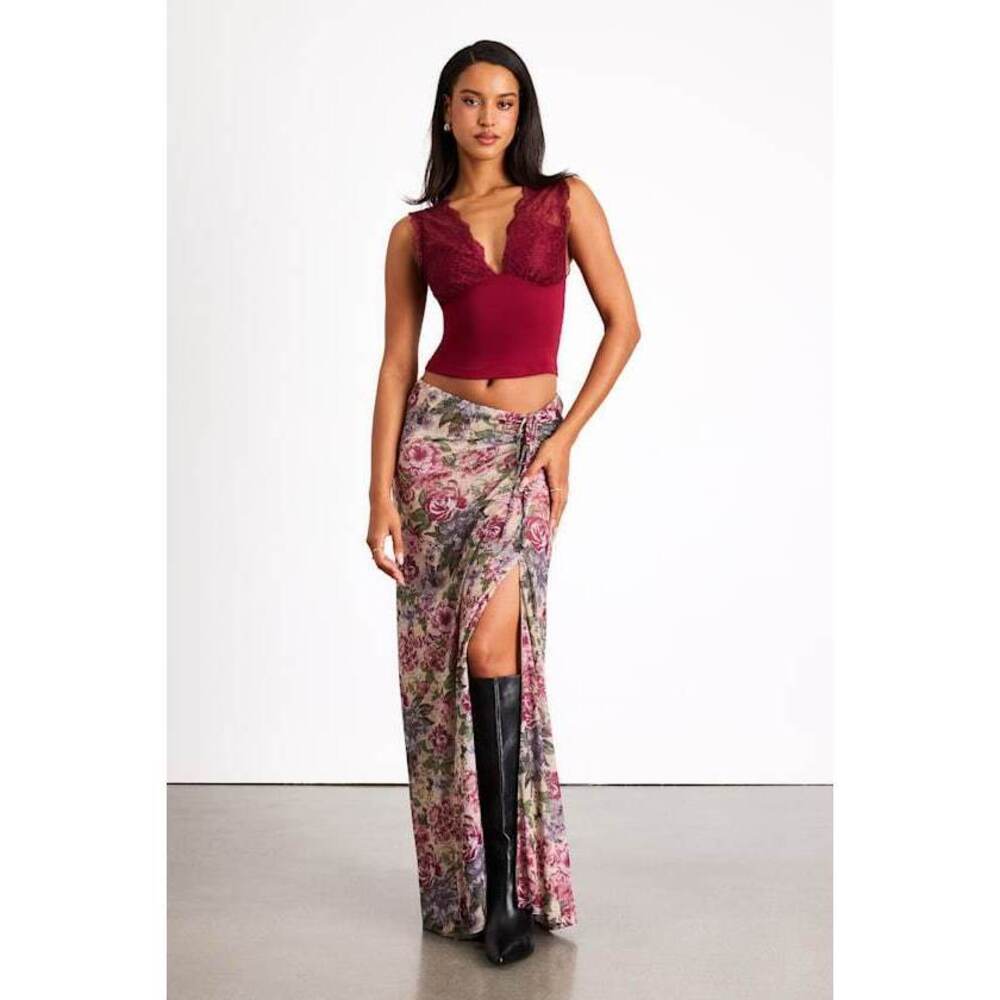 Lulus Daria Beige Multi Floral Ruched Maxi Skirt - Size L